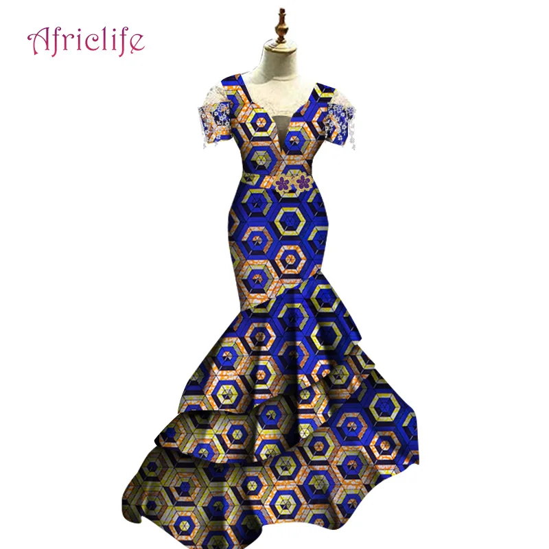 

Evening Party Lady Dresses Plus Size Custom One Pcs Pleated Wedding Clothes African Wax Cotton Female Clothing Ankara WY5919