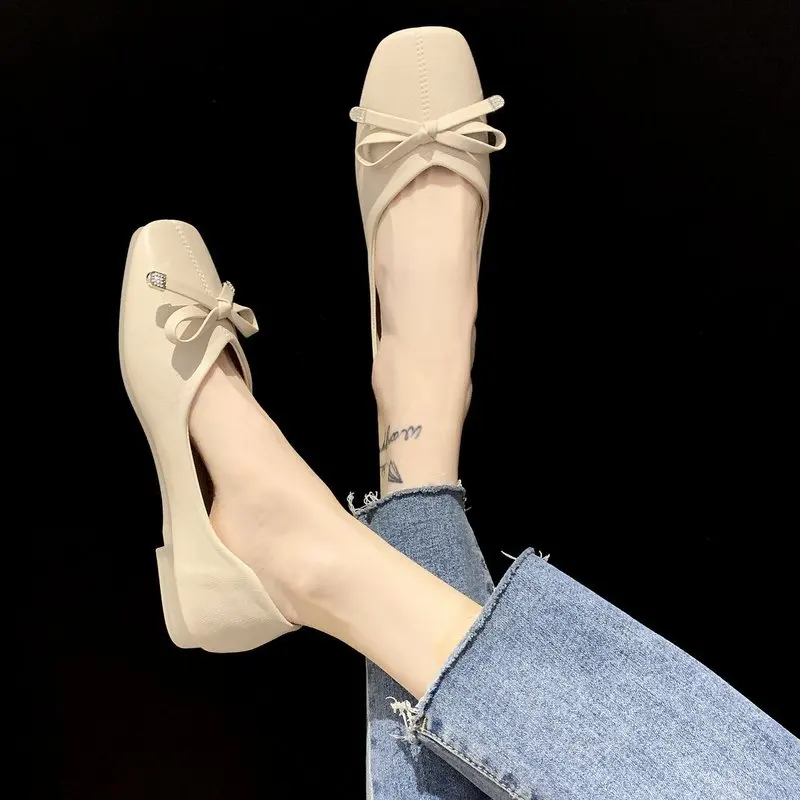 

All-Match Casual Woman Shoe Bow-Knot Shallow Mouth Modis Square Toe Slip-on Female Footwear Butterfly Summer New 2021 Slip On