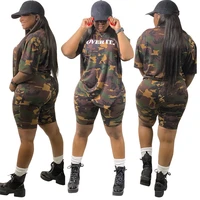 camouflage print casual suit women round neck loose tshirt top shorts 2piece set 2021 summer trend new alphabet camouflage set