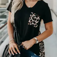 Camiseta con cuello en V con bolsillo de leopardo para mujer, camiseta de manga corta con espalda de leopardo, Camiseta holgada para mujer 2022