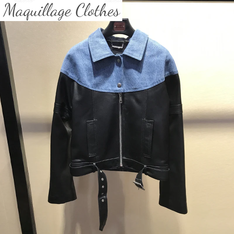 

Женские кожаные куртки в европейском стиле, модные весенние байкерские мотоциклетные куртки из джинсовой ткани в стиле пэчворк, G119, 2021