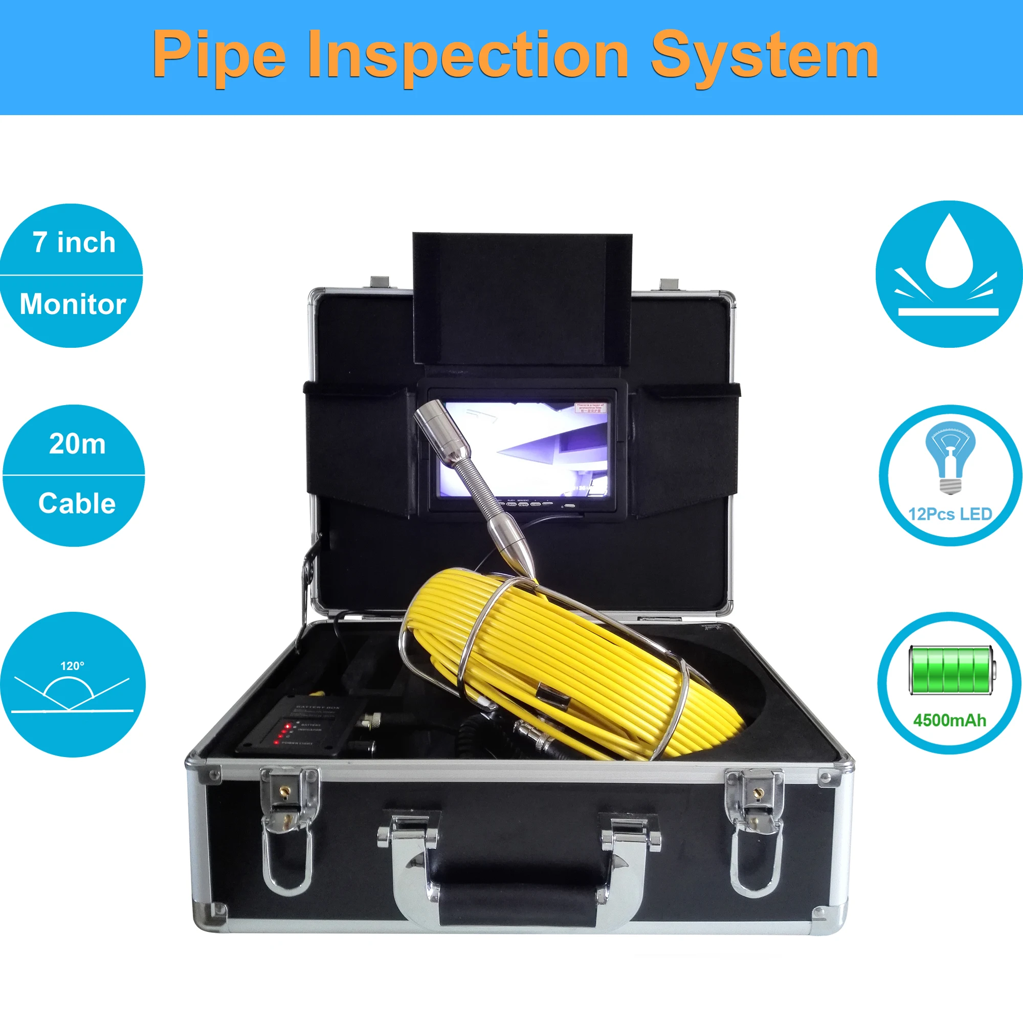

7" 23MM Drain Pipe Camera Sewer Inspection Camera 20m Pipeline Endoscope Underwater Inspection Video Camera 12PCS LED