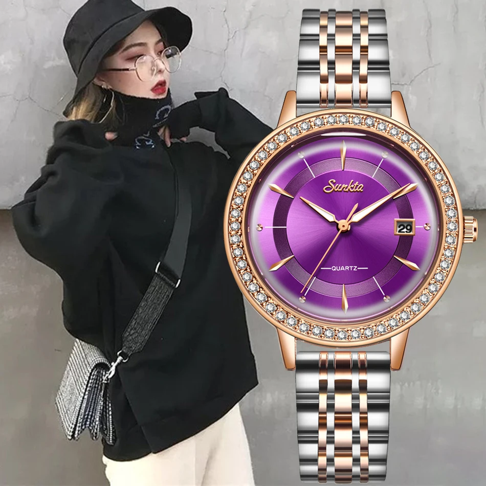Часы наручные SUNKTA женские кварцевые роскошные брендовые модные с браслетом цвет