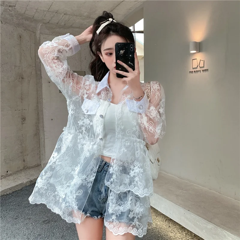 

Summer New High Quality Holiday Lace Jackets Embroidery Single-Breasted Turn-Down Collar Perspective Outerwear Coats Women