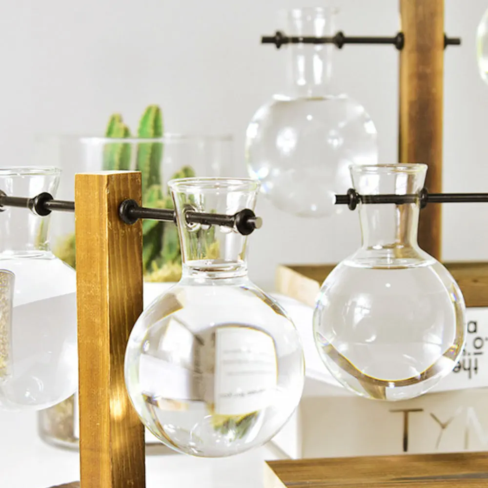Nordic Simple Hydroponic Plant Vases Vintage Flower Pot Transparent Vase Wooden Frame Glass Tabletop Plants Home Bonsai Decor
