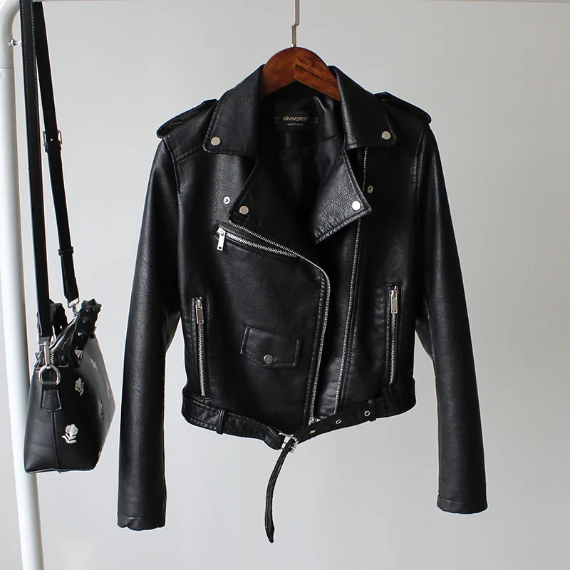 2021 spring and autumn new women's fashion locomotive Lapel short fit Pu jacket small leather coat women's fashion enlarge