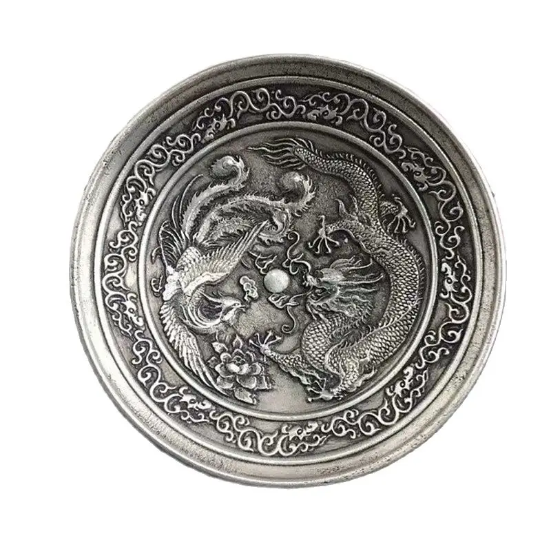 

China Carved Tibetan silver writing-brush washer Dragon and Phoenix plates