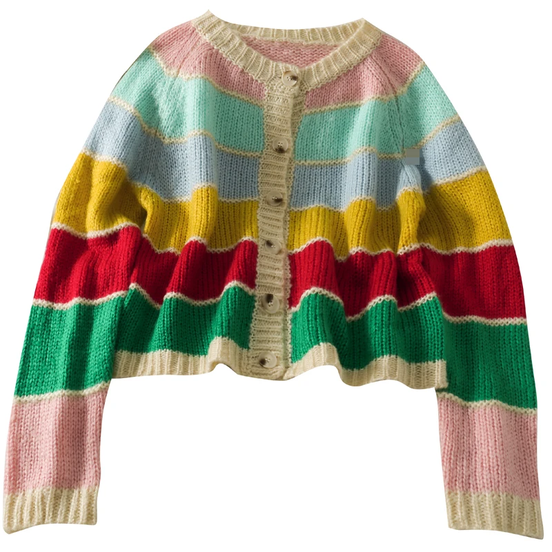 

Kimutomo Contrast Striped Cardigans Women Autumn 2021 Korea Loose Patchwork Single Breasted Long Sleeve Knitwear Sweater Casual