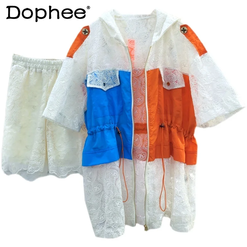 

2021 Summer Lace Stitching Contrast Color Jacket Fashion Sun Protection Coat Elastic Waist Solid Colour Shorts for Women