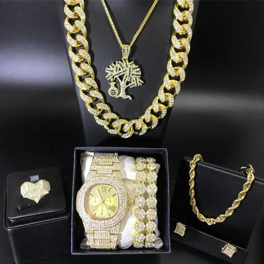 

Hip hop men gold necklace men watch & necklace & braclete &ring& earrings combo set ice out cuban chain necklace hip hop for men