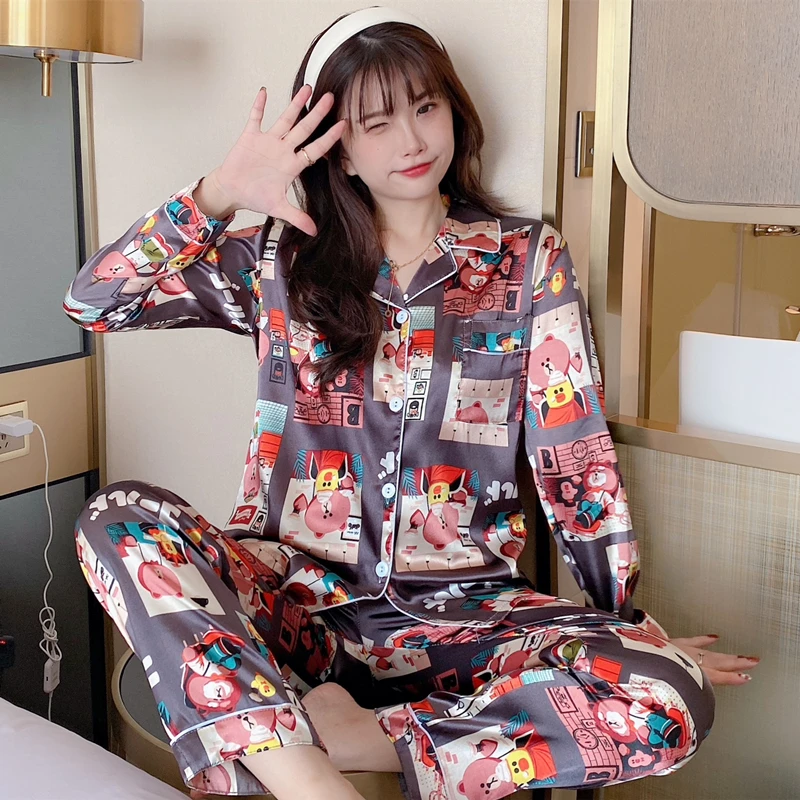 New ice silk pajamas women's thin long-sleeved cardigan suit real silk suit pajama set sleepwear women loungewear
