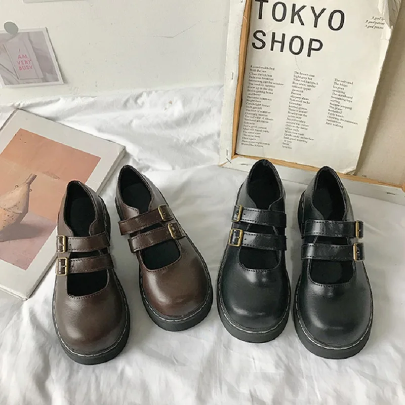 Новинка 2020 японские туфли на плоской подошве с круглым носком и пряжкой модные