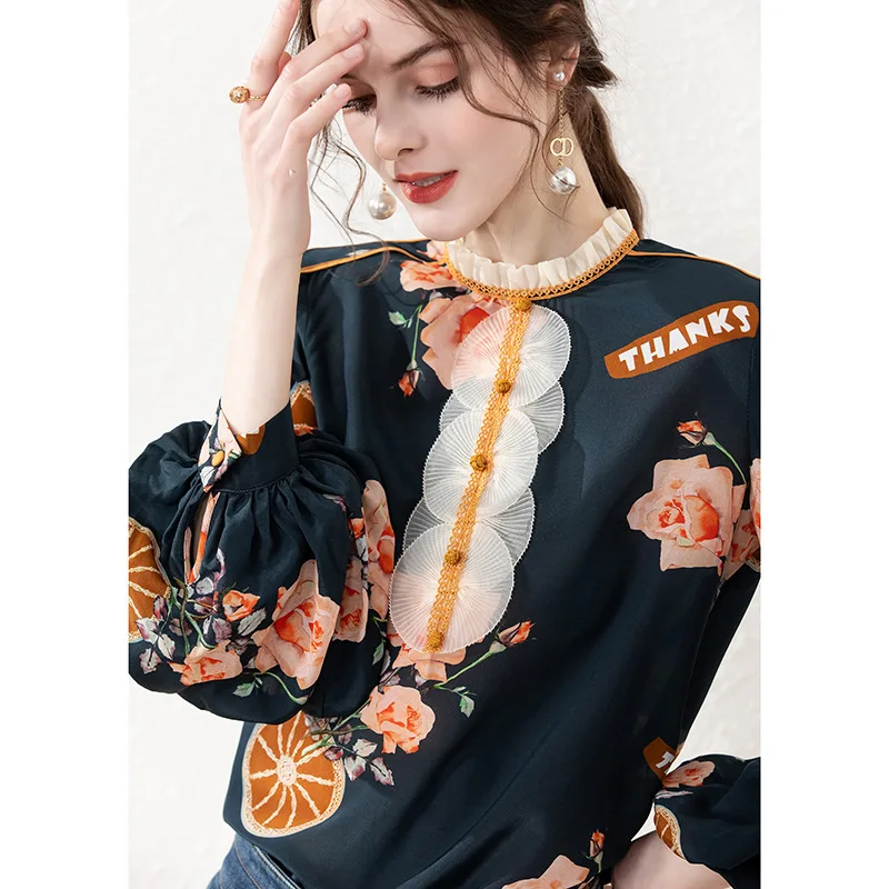

A2112572021 early spring new temperament printed silk top