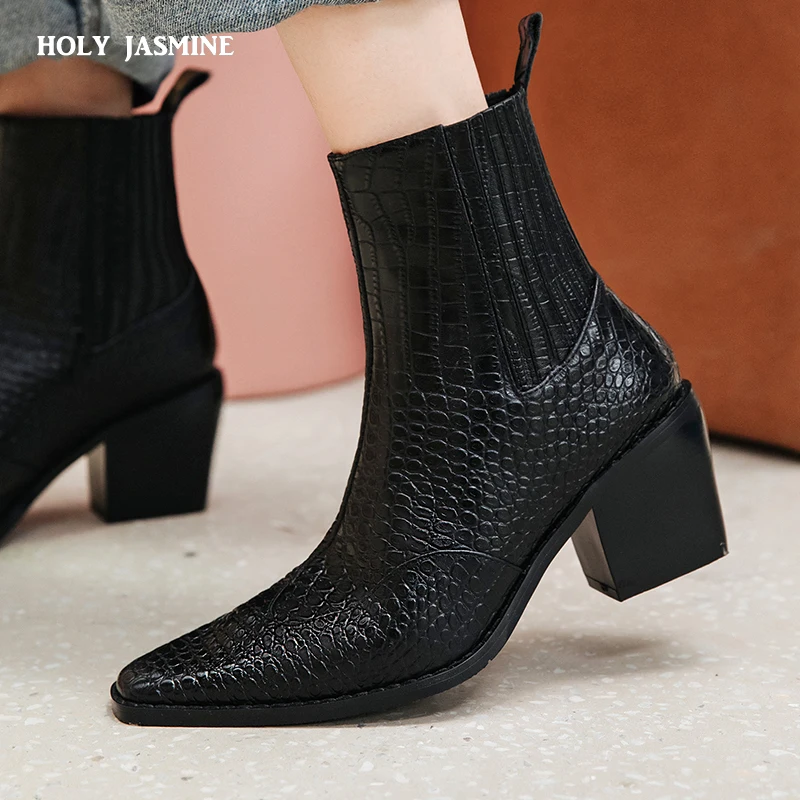 

Hot Sale Genuine Leather Stone Grain Ankle Boots High Heel Women Boots Fashion Pointed Toe Girls Boots 2020 New Autumn Winter