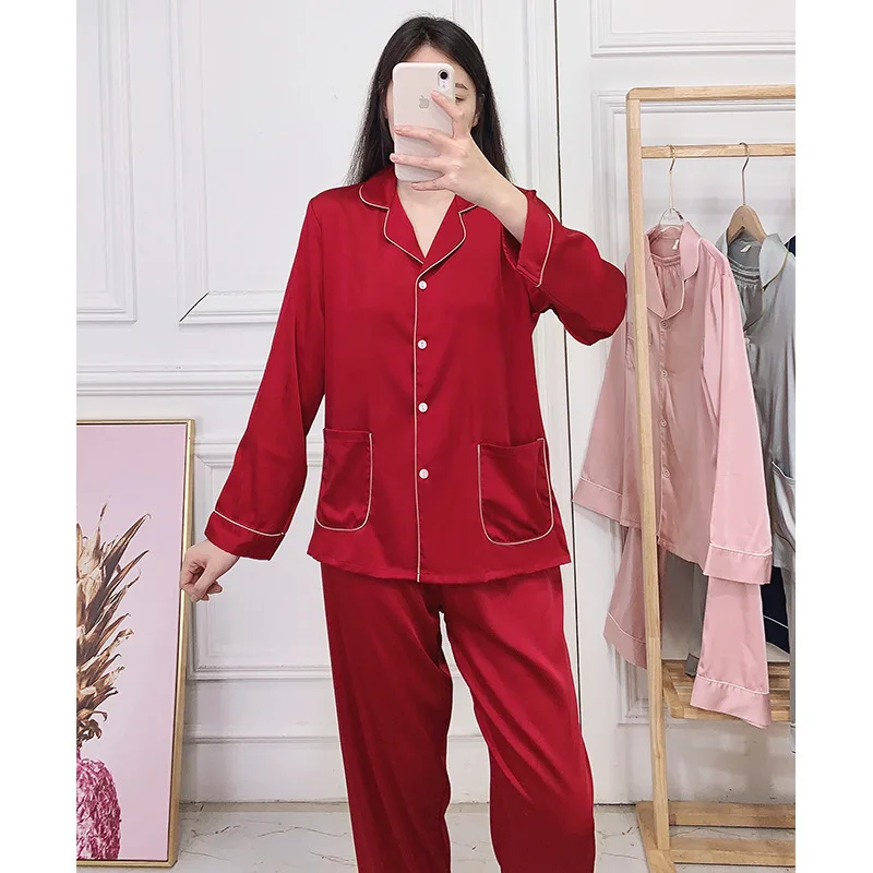 

Pajamas Women's Summer Korean-Style Satin Long-Sleeved Oversize Two Piece Suit Drape Mercerized Thin Leisure Set sleepwear