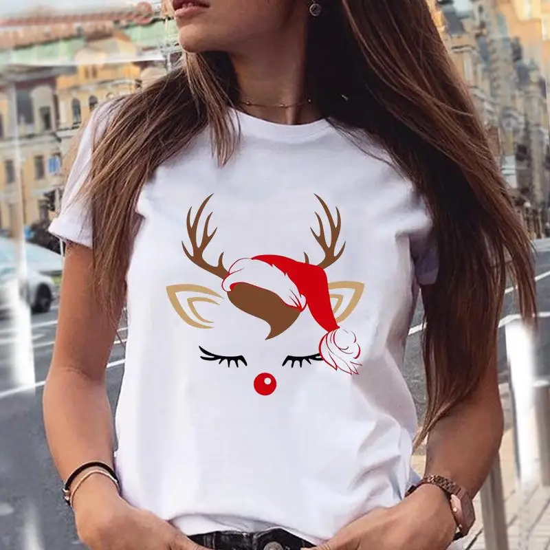 

New Year Tee Fashion Deer Face 90s Trend Merry Christmas Festival Women Print Clothes Tops Tshirt Female Holiday Graphic T-Shirt