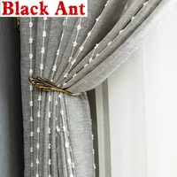 japanese style gray tulle curtain white cotton ball vertical stripes embroidery window screen living room bedroom balcony 0573