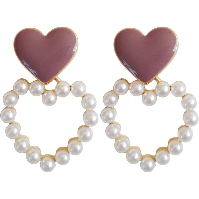 

Sweet Temperament Drops Of Nectarine Heart Ear Rings Jewelry Gifts New Korea Hollow Out Love Pearl Pendant Earrings for Women