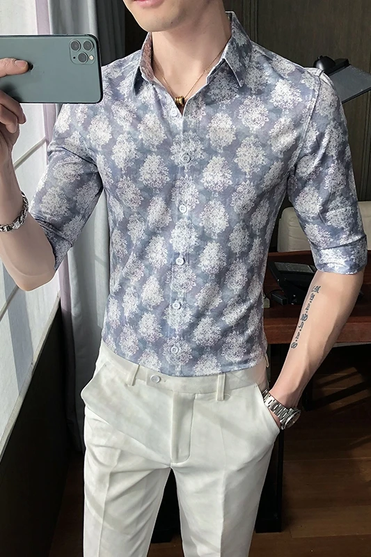 

Flower Shirts Men Short Sleeve Slim Fit Streetwear Shirts 2021 Summer Social Party Nightclub Shirts Male Clothes Chemise Homme