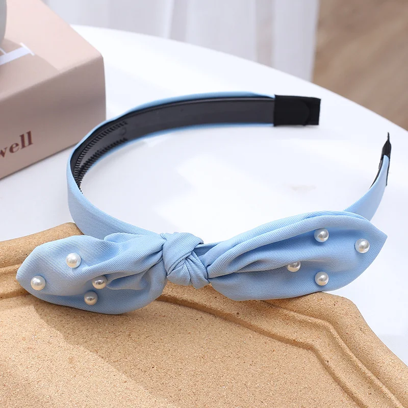 

2020 Trendy Solid Color Big Bow Pearl Hair Band Handmade Cloth Knitted Headband Korean Cute Girl Hairpin Head Hoops Accessories