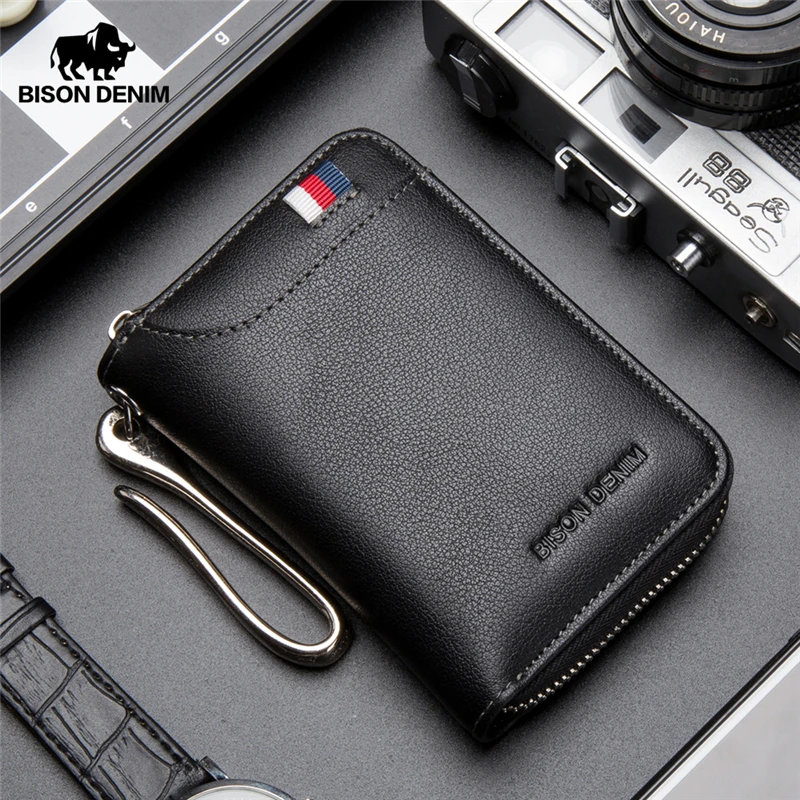 BISON DENIM, кошелек для ключей из натуральной кожи, мужской брелок для карт, чехол на молнии, держатель для карт, кошелек, органайзер для ключей, большая емкость, N9462