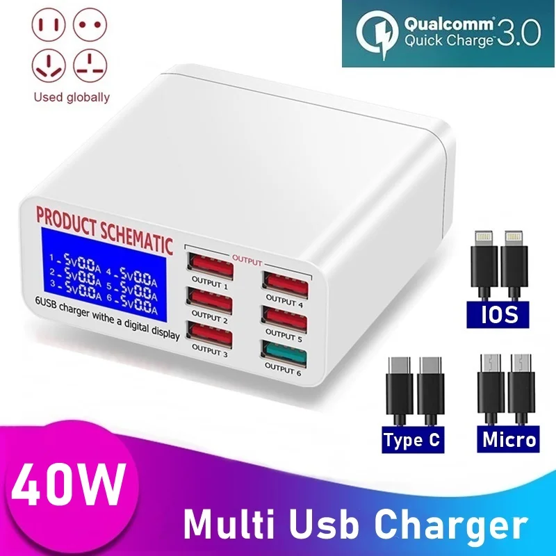 

Universal 40W USB Phone Charger QC3.0 Usb 6 Ports Fast Charge Charger Charging Station for Iphone 11 12 Pro Max Xiaomi Tablet