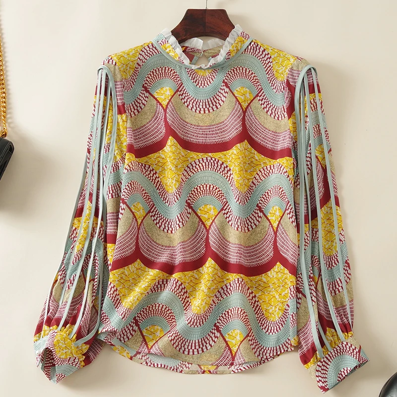 

100% Real Silk Women's Vintage Shirt Elegant Stand Collar Long Sleeve Woman Shirts Blouses Spring Autumn Female Printed Blouse