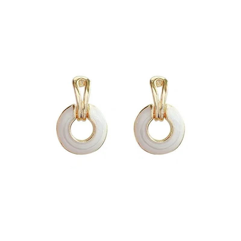 

TIMEONLY Korean Style White Enamel Drop Earrings for Women Round Circle Geometric Dangle Earrings Elegant Wedding Party Jewelry