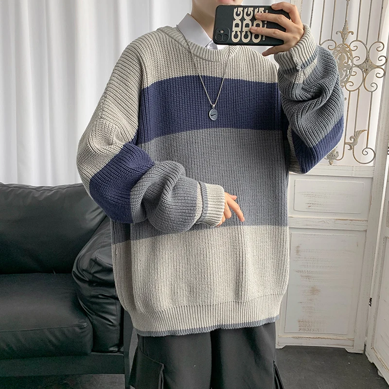 High Street Sweater Men's Stitching Striped Big Knit Padded Sweater Kpop Fashion Color-Blocking Knitted Pullover Winter Clothes