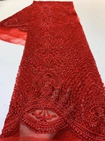 hand beaded lace fabric red mesh embroidered with beads sequins african net lace wedding dress sewing garment fabric zx4659
