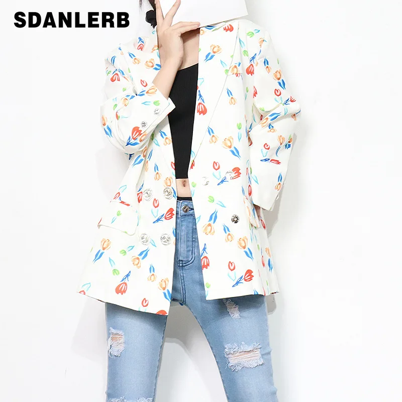 

2021 Autumn New Temperament Commute Printed Blazer Jacket Women Lapel Long Sleeve Double Breasted Elegant Fashion Suit Coat