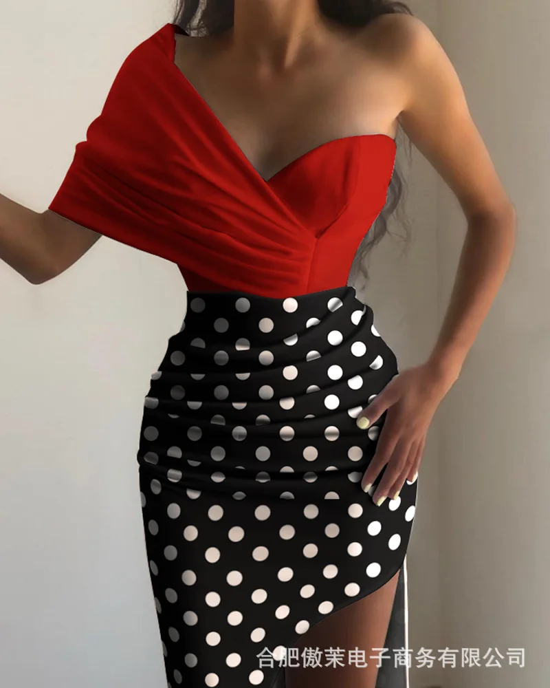 

Women's Contrast Color Polka Dot Split Dress Women's Slim Sexy Dress