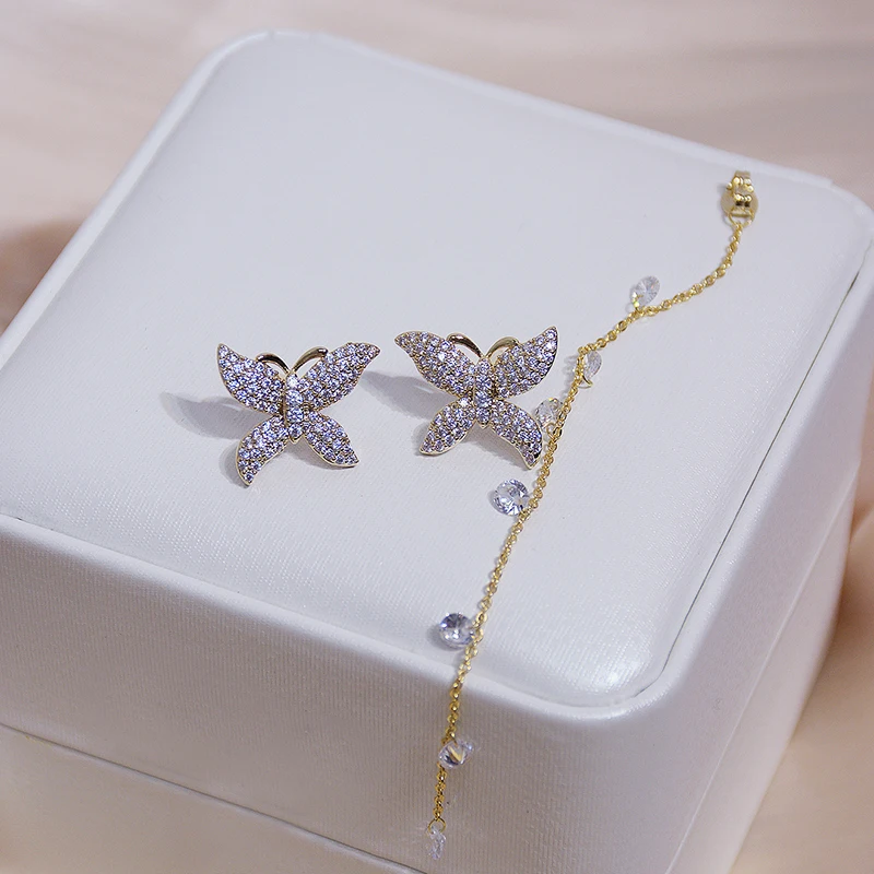 

Ins Hot 14k Real Gold Jewelry Plated Asymmetric Butterfly Earrings for Women Top High Quality AAA Zircon S925 Silver Needle Gift