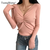 2021 autumn winter sexy pleated v neck pullover knitted women long sleeve slim elasticity jumper ladies solid color sweater tops