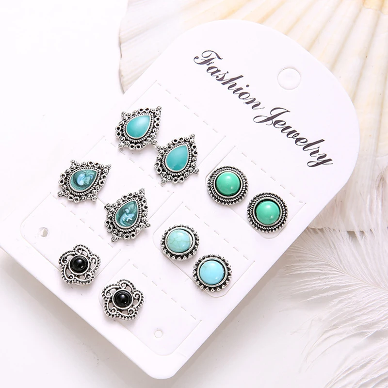 

Ethnic Stud Earring 5Pairs/Set Alloy Turquoise Flowers Leaves Water Drops Ear Clip Womens Vintage Silver Fashion Jewelry