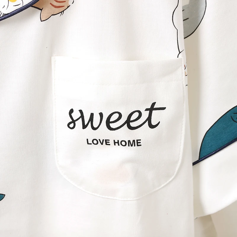 CAIYIER Summer Women Cotton Pajamas Sets Cute White Cat Print Short Sleeve Sleepwear With Eye Mask Girls Nightwear Lovely Homewe