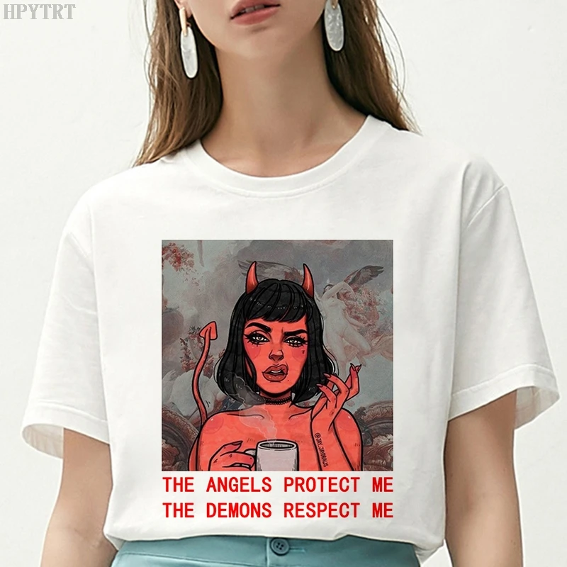 Женская футболка с принтом THE ANGELS PROTECT ME Demon RESPECT летняя винтажная свободная