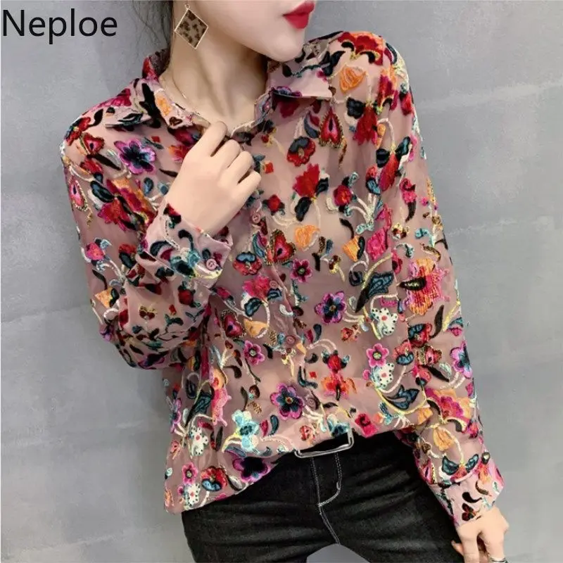 Женская газовая блузка с длинным рукавом Neploe корейская модная цветочным принтом