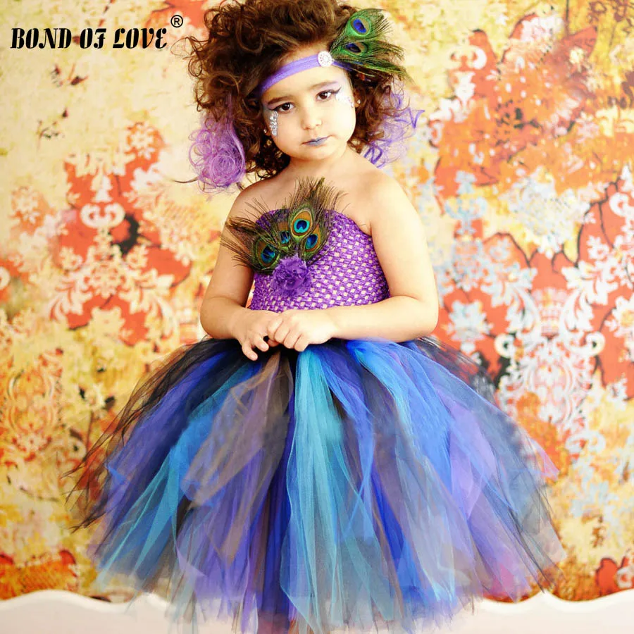 

Children Clothing Girls Tulle Tutu Dress kids Peacock feather Ballet colour Tutus with Headband Set Girl Birthday Party Dresse