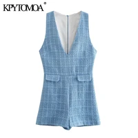 kpytomoa women 2021 chic fashion false pockets tweed playsuits vintage sleeveless back zipper female short jumpsuits mujer