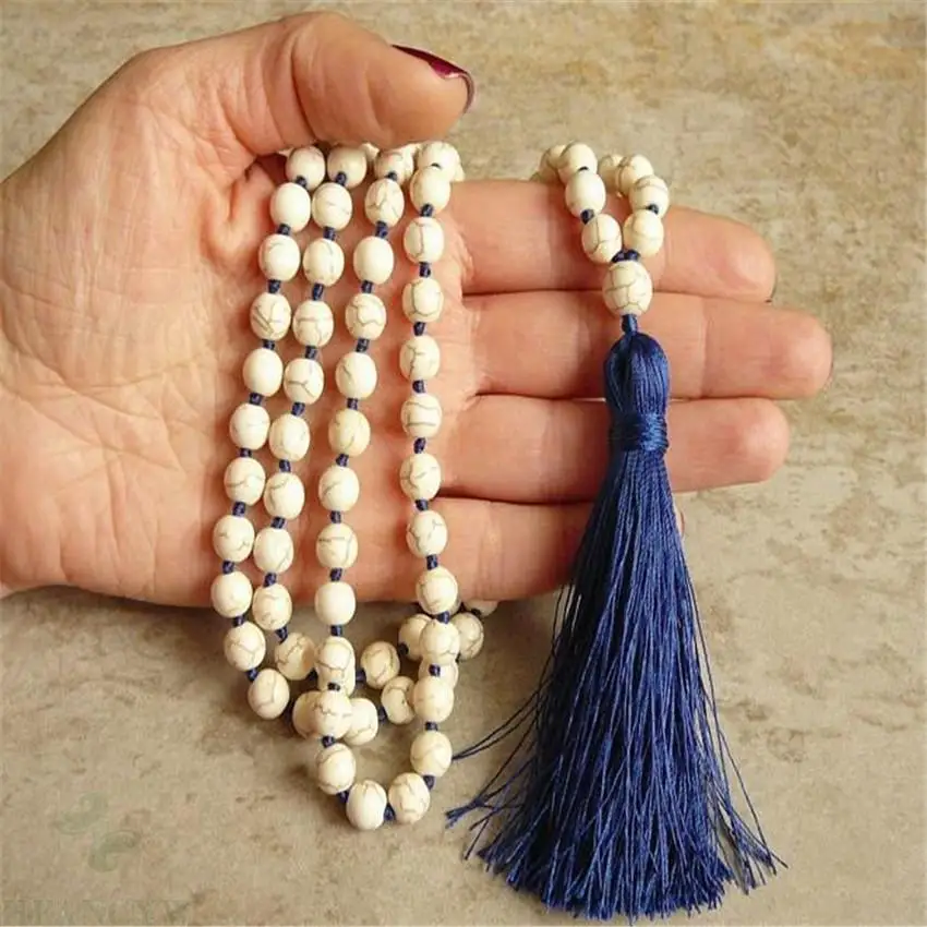 

6 мм Натуральная Howlite синяя кисточка 108 бусин Mala ожерелье Энергия браслет ручной работы буддизм Медитация манжеты молиться Тибет серебро
