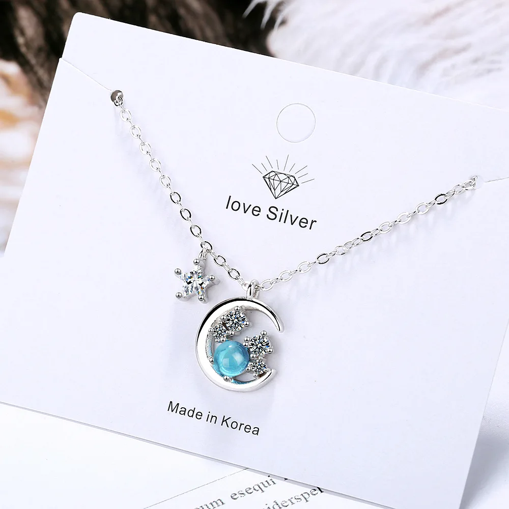 

Solid Silver Color Jewelry Blue CZ Zirconia Star Moon Pendant Neckace for Women Gift 45cm Chain Choker Collares Kolye