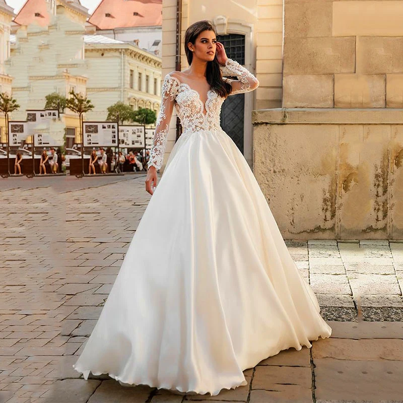 

White Wedding Dress Lace 3D Flower O-neck Long Sleeve Simple Bridal Dresses Zipper Custom Made Plus Size Wedding Gown