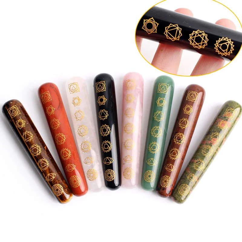 

1 шт. 7 Чакра Роза кварц йони-палочка массажер резной символ руны натуральный Кристальный массаж обсидиан палка камень тело лицо Исцеление