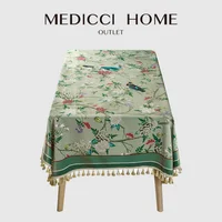 Medicci Home Tasseled Table Cloth Brithsh Garden Kitchen Dining Tabletop Decor Rectangle Velvet Table Cover For Fall Home Decor