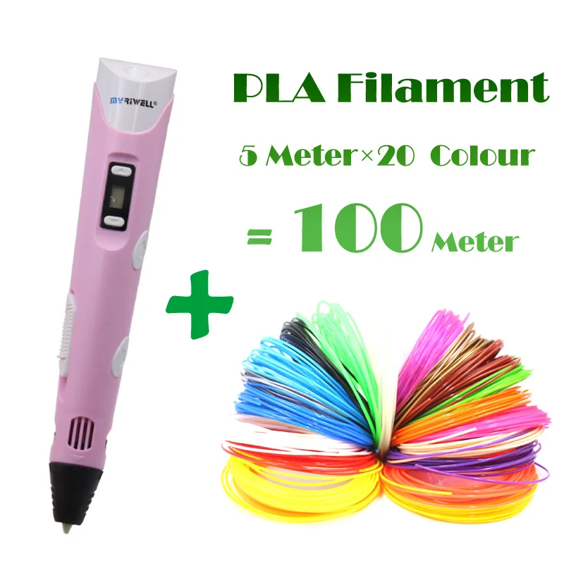 Pink 100M Filament 3d Ручка Myriwell 2 поколения ЖК-дисплей DIY 3D печать Ручка искусство 3D ручки для детей Инструменты для рисования Высокое качество ABS PLA пластик - Цвет: Pink 100M Filament