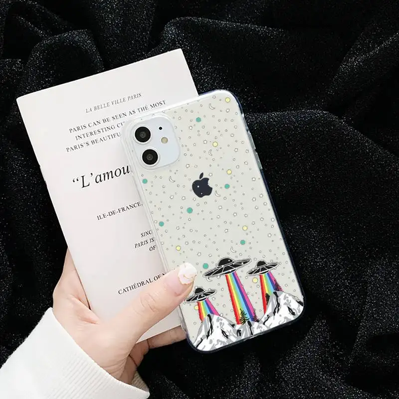 

Cartoon alien space funny Phone Case Transparent for iPhone 6 7 8 11 12 s mini pro X XS XR MAX Plus cover funda shell