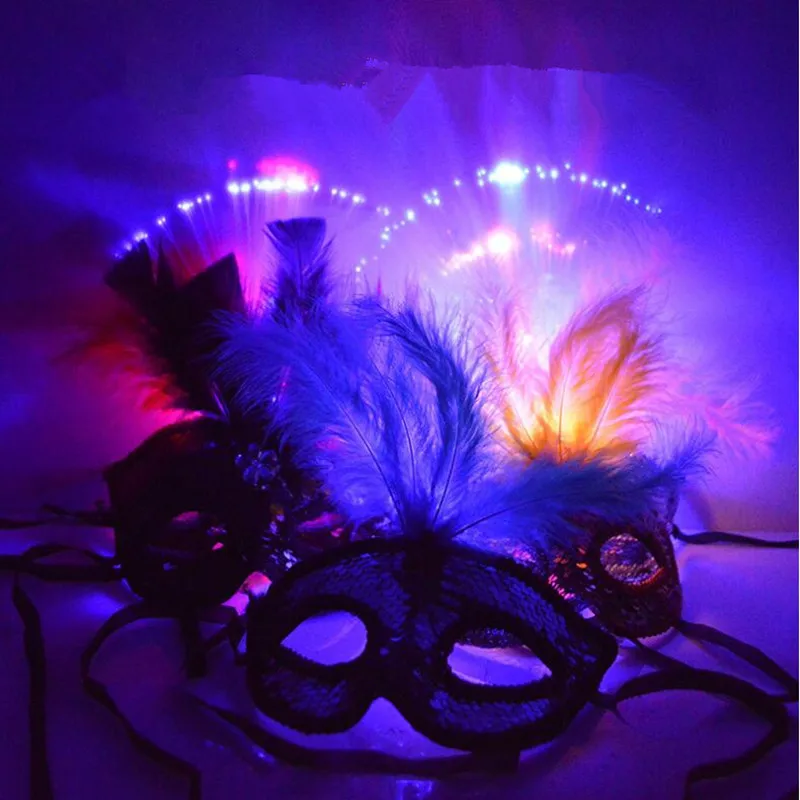 

2022 Женская и Женская светодиодная светящаяся маска из волокна с перьями, для взрослых и детей, мерцающие блестки, Аксессуары для платья