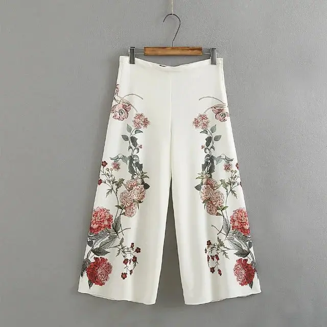 

Spring White Flower Pants for Girls Floral Print Casual Summer Holiday Wide Leg Pants Fashion Ethnic Woman Long Trousers Female