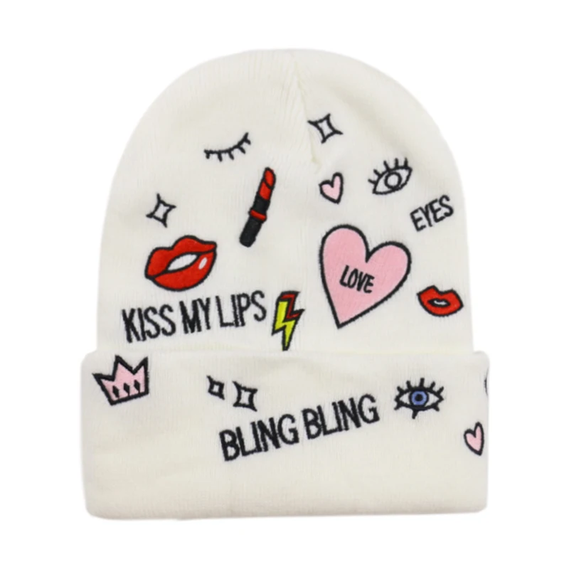 Женская Шапка бини FOXMOTHER вязаная Лыжная шапка белого и розового цвета с вышивкой